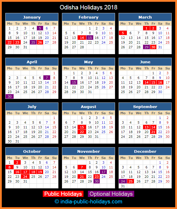 Odisha Holiday Calendar 2018